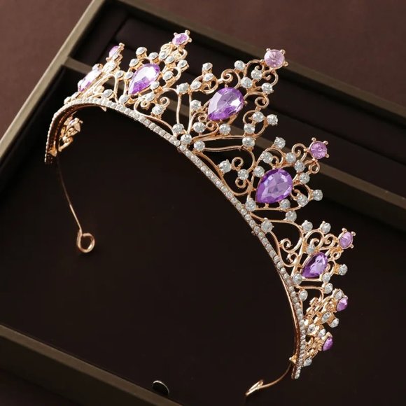 Gold Purple Tiara Crown Princess Queen headress jewelry bridal real metal cospla - Picture 2 of 3